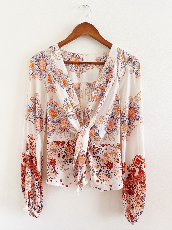 Free People Tops - Free People Ivory Floral Tie-Front Blouse with Orange, Pink, & Blue Accents XS